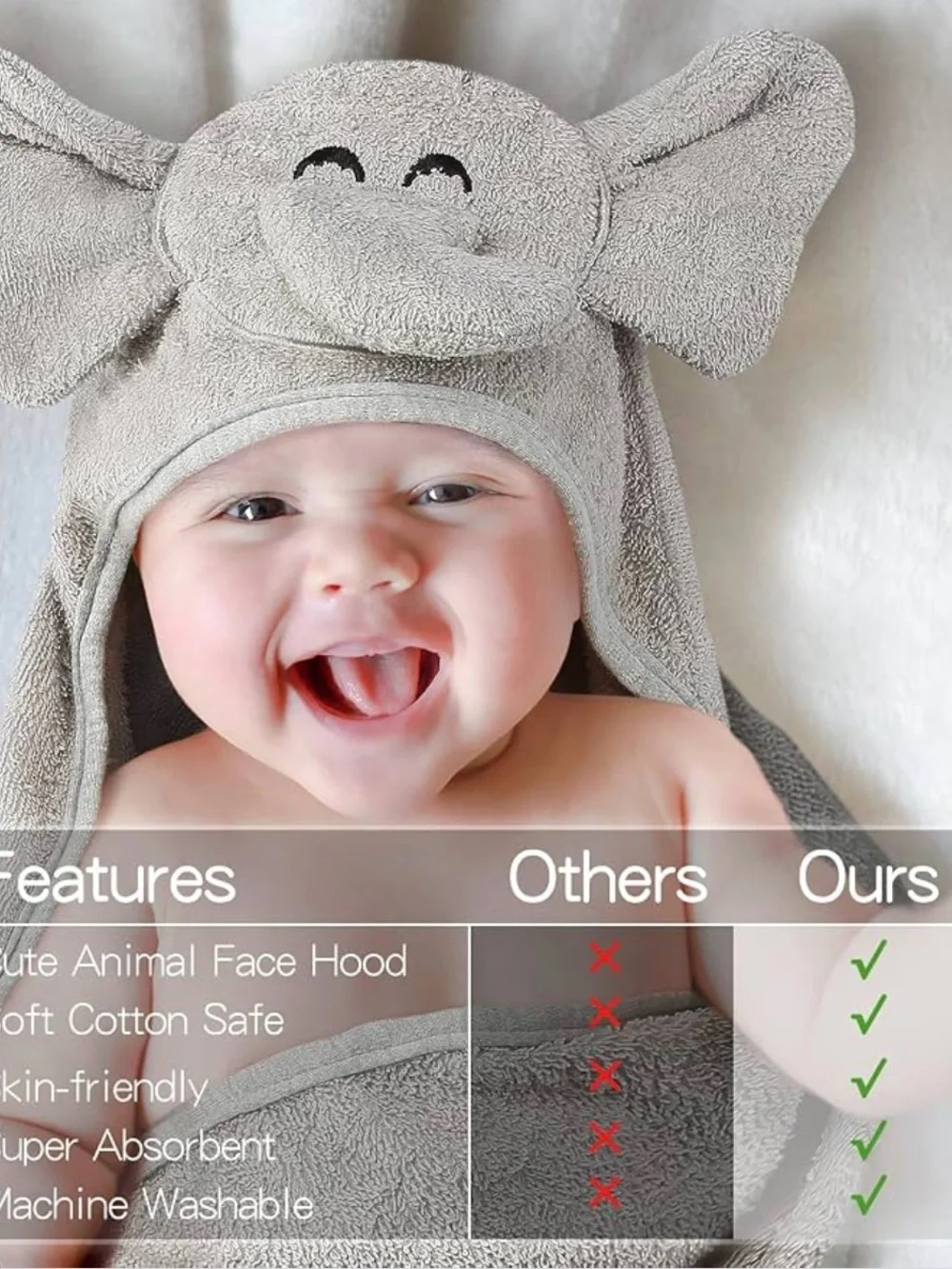 Baby Infant Elephant Hooded Terry Towel 30” x 30” - 100% Cotton New